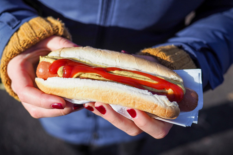 Hands holding a hot dog with ketchup condiment